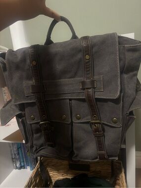 Canvas Travel Backpack - Gray with Brown Trim